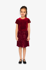 Bi-Material Short Sleeve Dress With Glittering Skirt Red-1