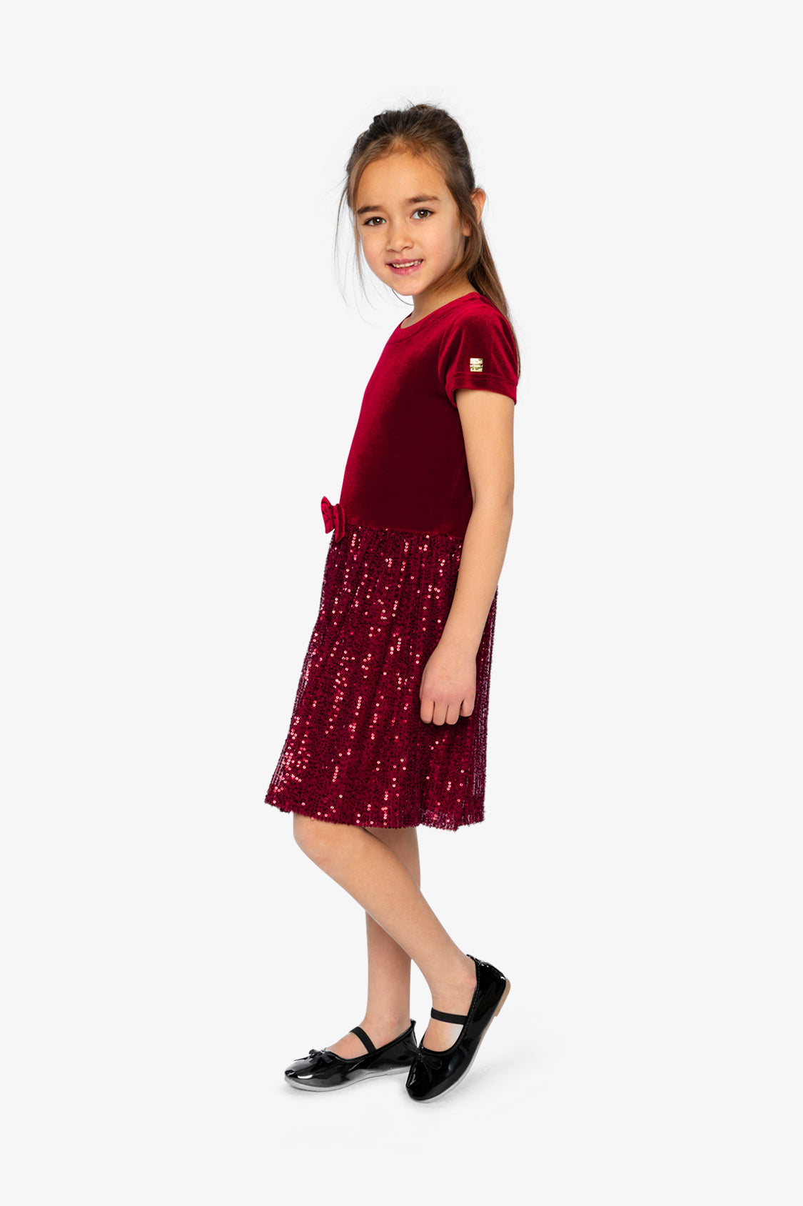 Bi-Material Short Sleeve Dress With Glittering Skirt Red-2