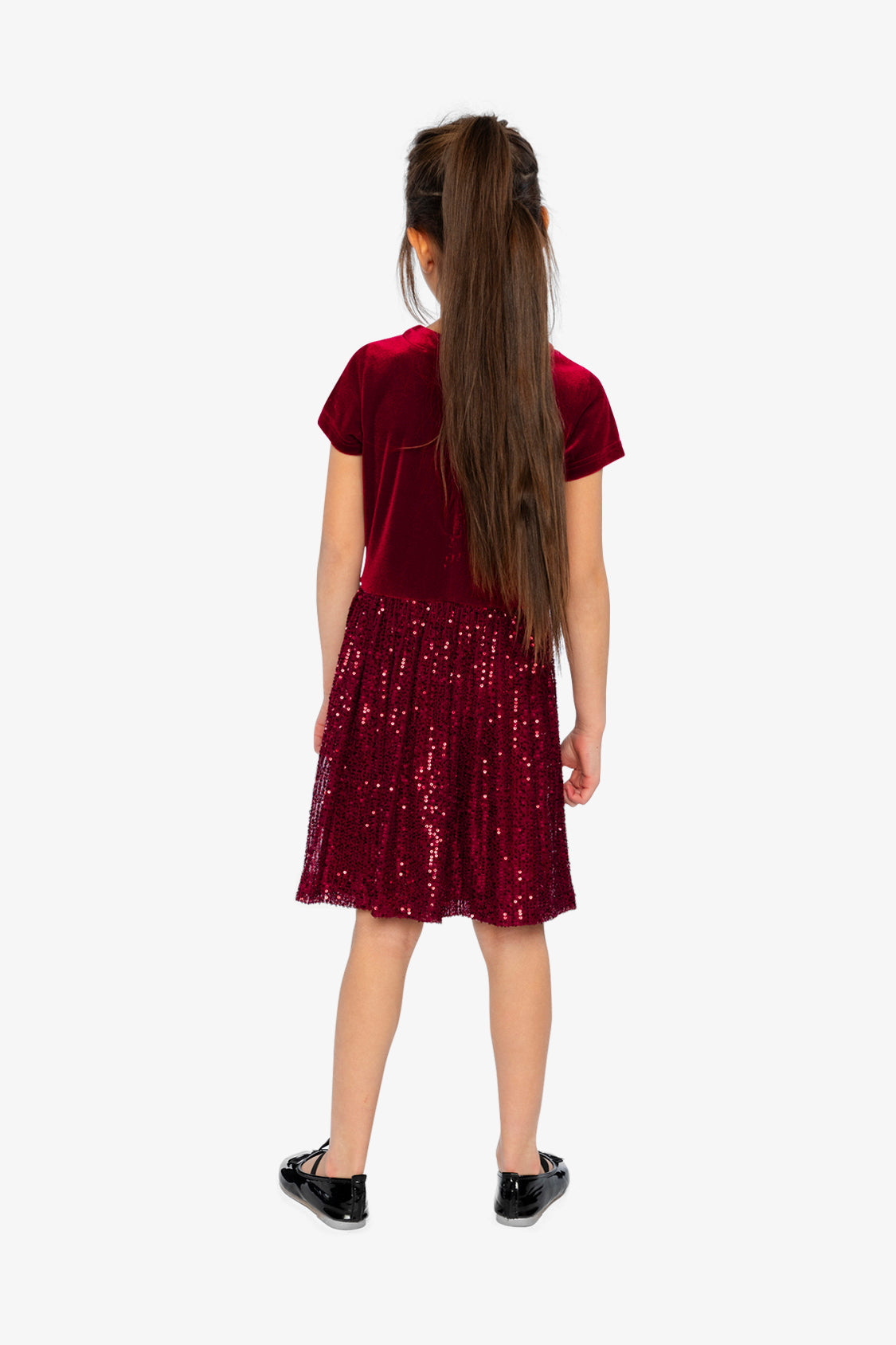 Bi-Material Short Sleeve Dress With Glittering Skirt Red-3