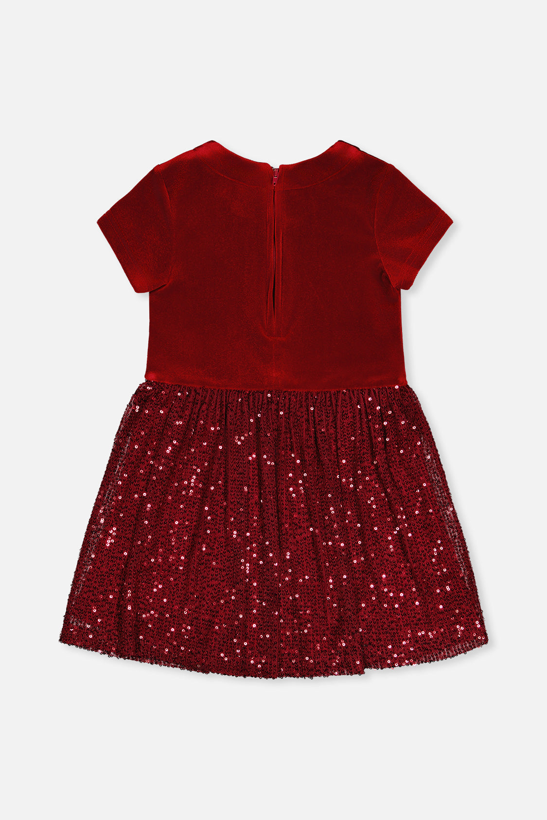 Bi-Material Short Sleeve Dress With Glittering Skirt Red-4
