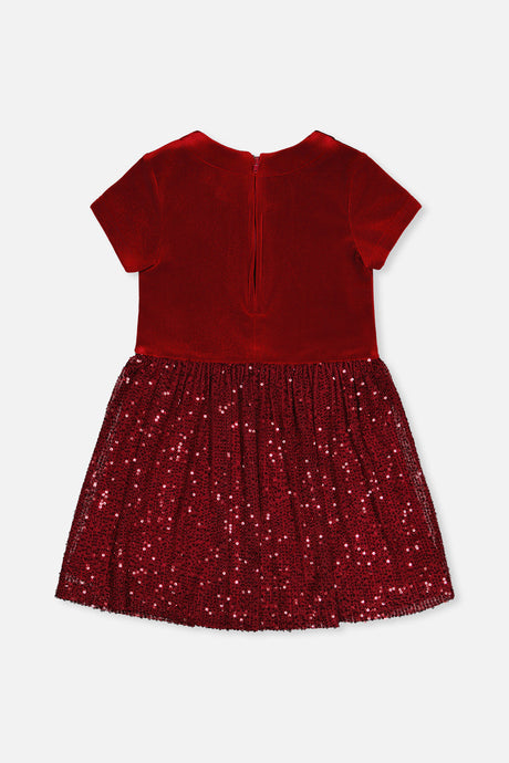 Bi-Material Short Sleeve Dress With Glittering Skirt Red-4