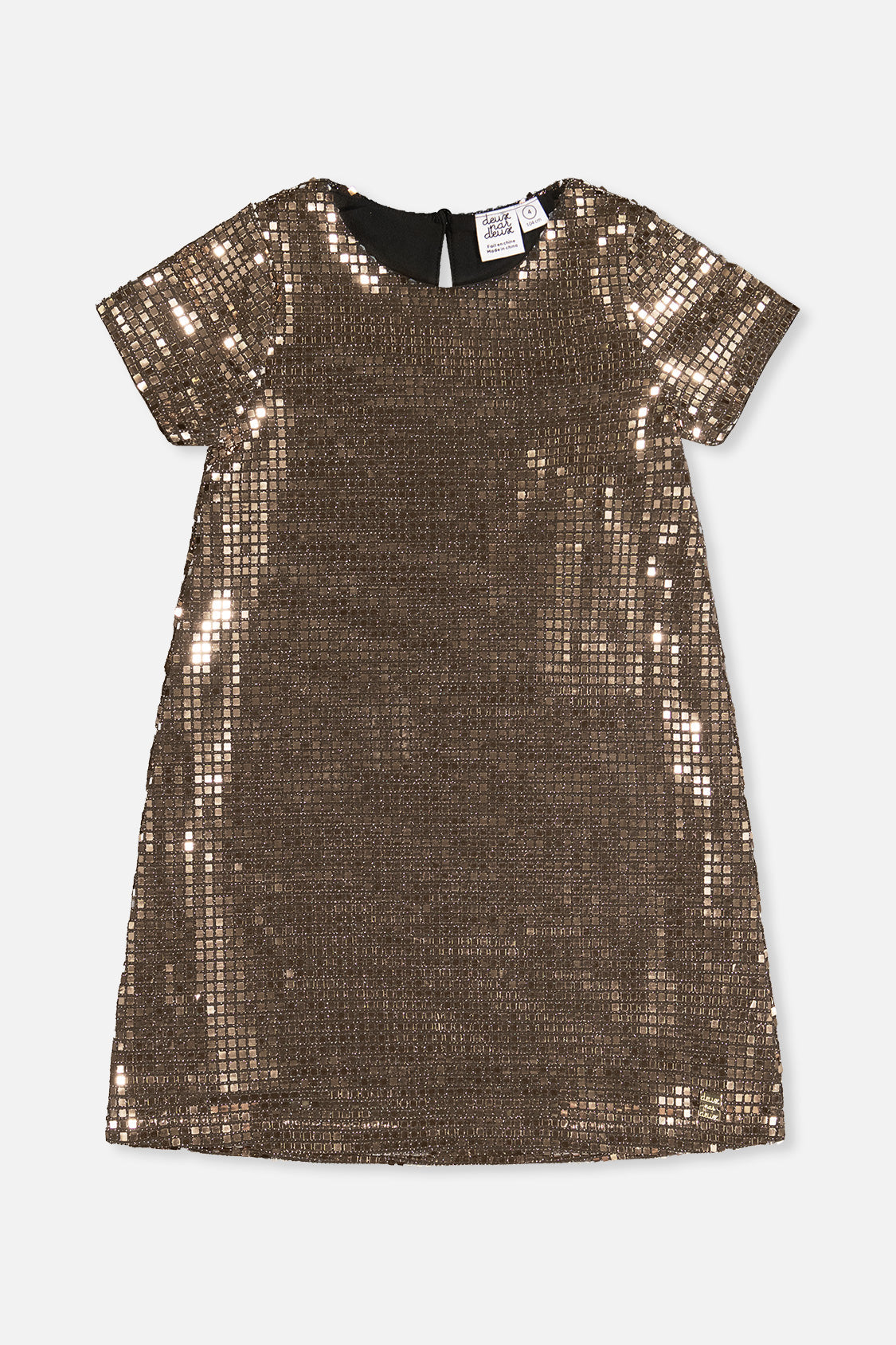 Deux par Deux girls metallic bronze gold A-line dress with short sleeves, front view