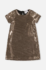 Deux par Deux girls metallic bronze gold A-line dress with short sleeves, front view
