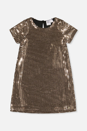 Deux par Deux girls metallic bronze gold A-line dress with short sleeves, front view