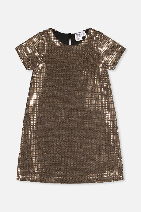 Deux par Deux girls metallic bronze gold A-line dress with short sleeves, front view