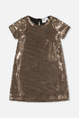 Deux par Deux girls metallic bronze gold A-line dress with short sleeves, front view