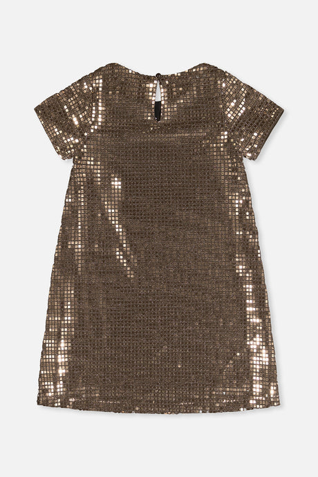 Deux par Deux girls metallic bronze gold A-line dress with a keyhole opening, back view