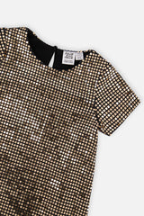 Close-up of the metallic square shimmer and neckline on the Deux par Deux bronze gold dress