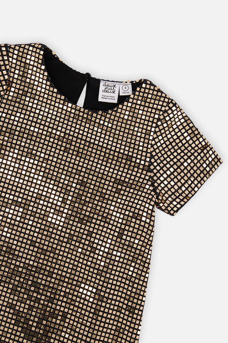 Close-up of the metallic square shimmer and neckline on the Deux par Deux bronze gold dress