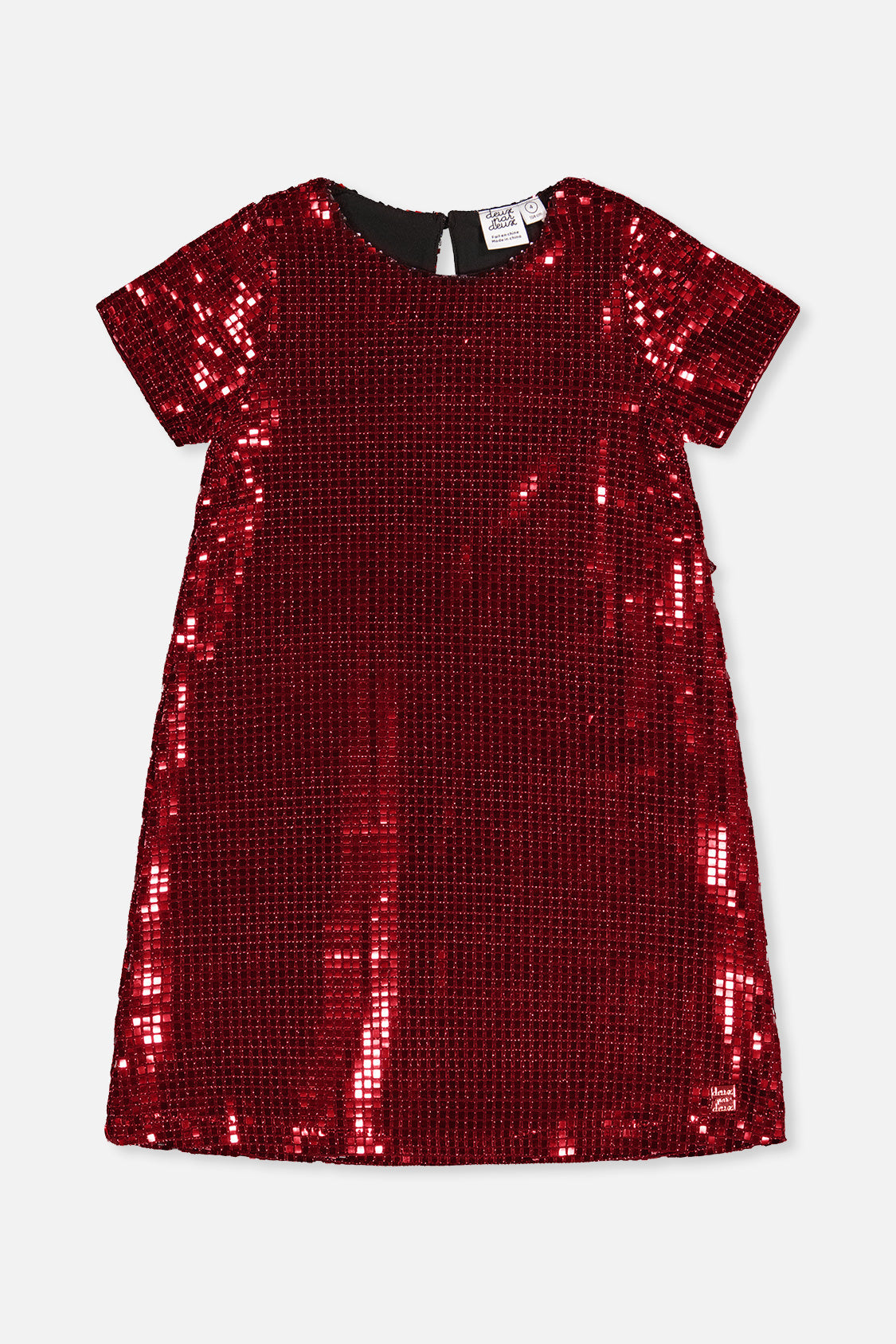 Deux par Deux girls red metallic A-line party dress with short sleeves, front view