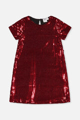 Deux par Deux girls red metallic A-line party dress with short sleeves, front view
