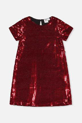 Deux par Deux girls red metallic A-line party dress with short sleeves, front view