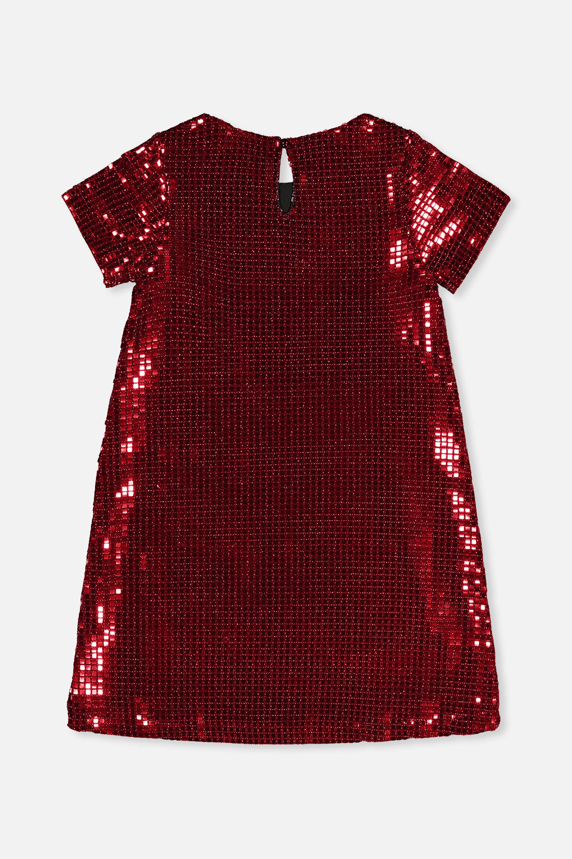 Deux par Deux girls red metallic A-line dress with a keyhole opening, back view