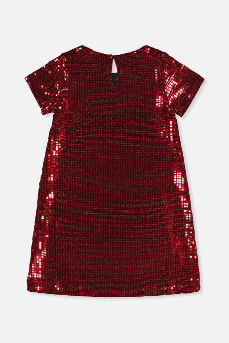 Deux par Deux girls red metallic A-line dress with a keyhole opening, back view