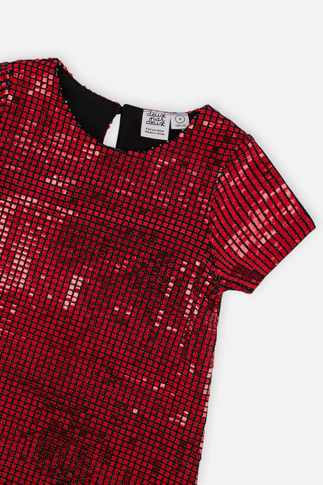 Close-up of the red metallic shimmer and neckline on the Deux par Deux party dress