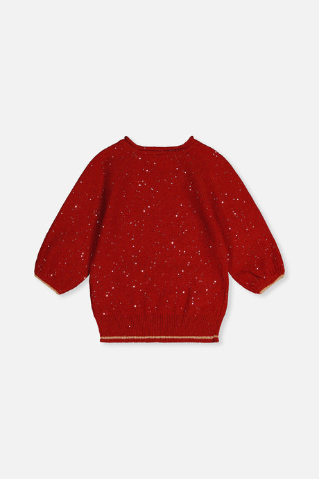 Deux par Deux red 3/4 sleeve knit sweater, flat lay back view