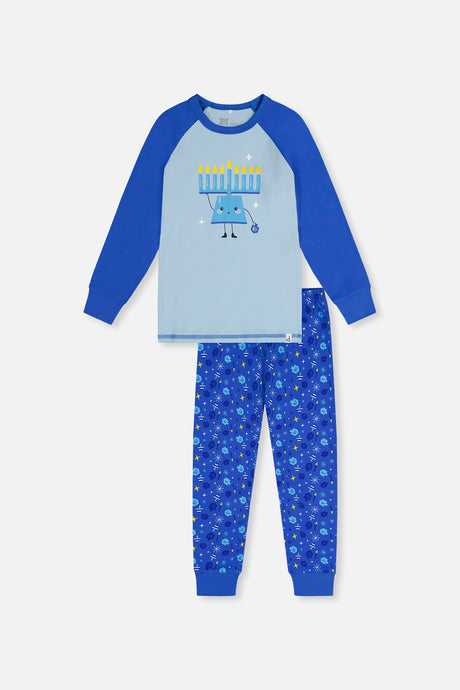Front view of the blue Hanukkah pajama set laid flat with a menorah character on the pale blue top