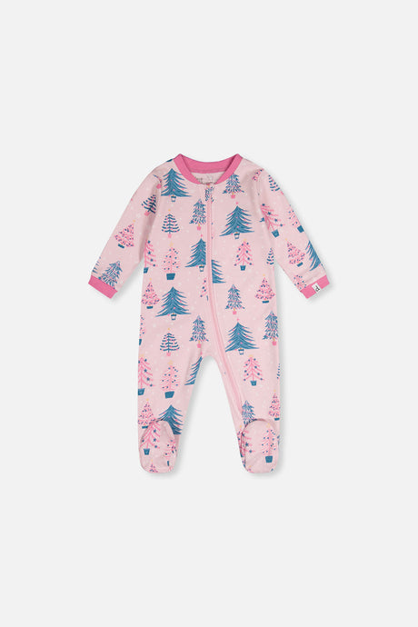 Pink tree print footed baby pajama with a bright pink neckband and cuffs, front view laid flat