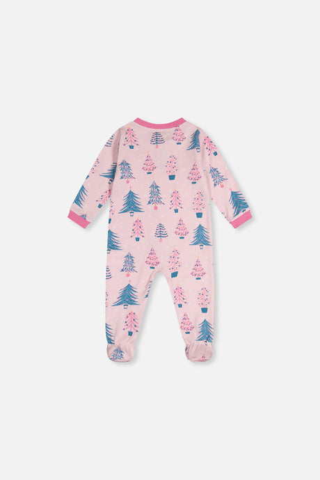 Back view of the pink footed pajama printed with teal and pink decorated trees