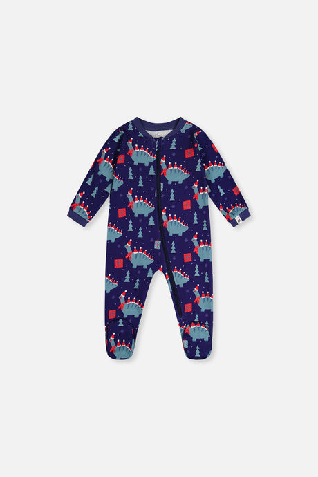 Deux par Deux navy baby footed pajama with blue dinosaurs in Santa hats, front view with zipper
