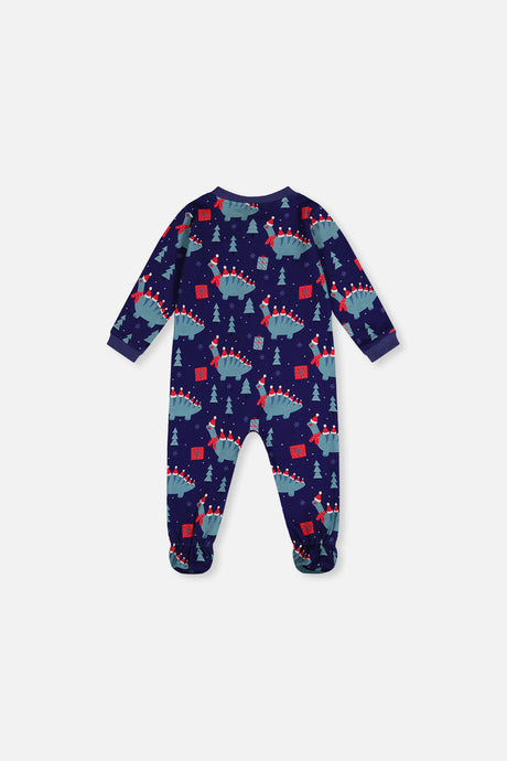 Deux par Deux navy baby footed pajama with blue dinosaurs in Santa hats, back view