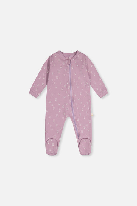 Deux par Deux purple baby footed pajama with cream heart flower print, front view with zipper
