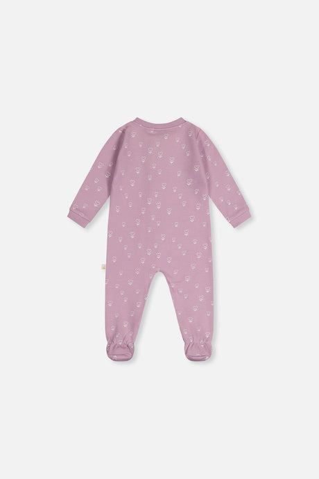 Deux par Deux purple baby footed pajama with cream heart flower print, back view