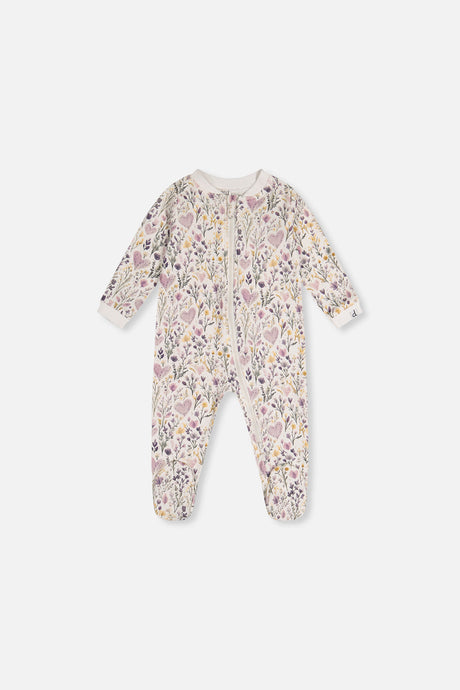 Beige heart print footed baby pajama with a front zipper and long sleeves, front view laid flat