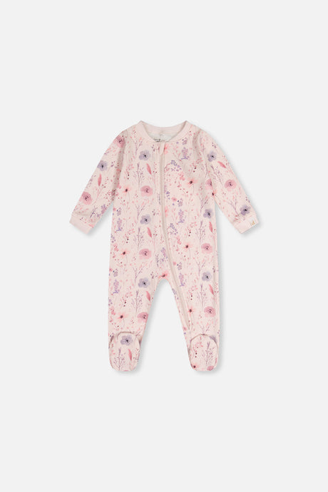 Pink floral footed baby pajama with a front zipper and long sleeves, front view laid flat