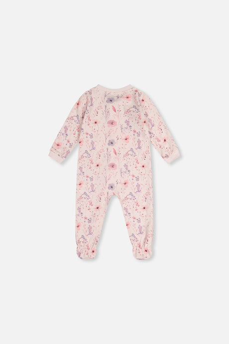 Back view of the pink footed pajama printed with soft flowers in pink and lilac