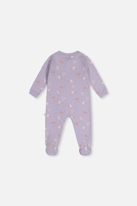 Back view of the purple footed pajama covered in pink hedgehogs and little flowers
