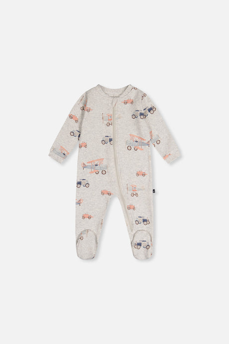 Deux par Deux beige baby footed pajama with biplane and vintage car print, front view with zipper