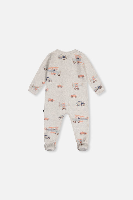 Deux par Deux beige baby footed pajama with biplane and vintage car print, back view