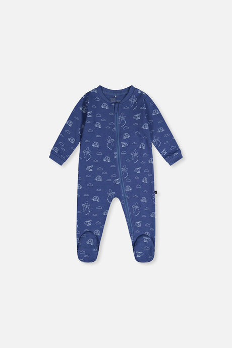 Blue transport print footed baby pajama with a front zipper, front view laid flat