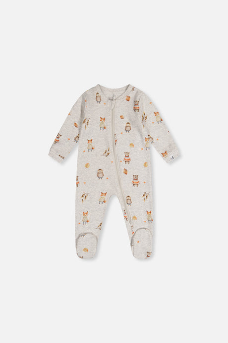 Beige animal print footed baby pajama with a front zipper and long sleeves, front view laid flat