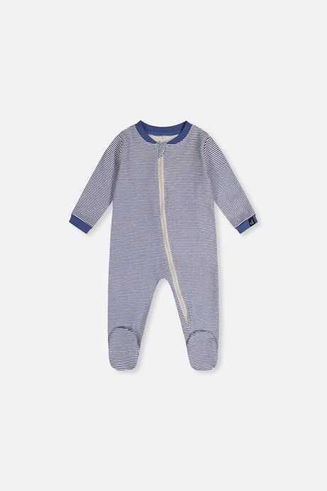 Blue stripe footed baby pajama with a blue neckband and cuffs and a front zipper, front view laid flat
