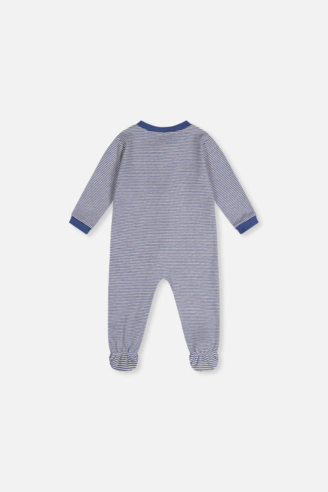 Back view of the blue and white striped footed pajama with gathered cuffs at the feet