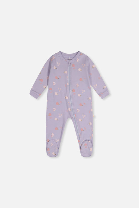 Front view of the purple hedgehog footed baby pajama laid flat with a front zipper