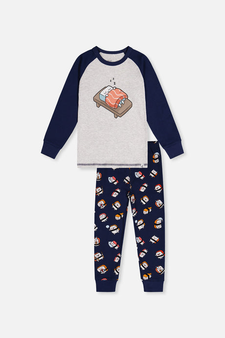 Blue sushi print pajama set with a heathered gray top and navy raglan sleeves, front view laid flat