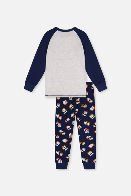 Back view of the gray pajama top with navy sleeves above the navy pants printed with smiling sushi
