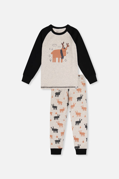 Beige elk print pajama set with an elk in a scarf on the oatmeal top and black raglan sleeves, front view laid flat