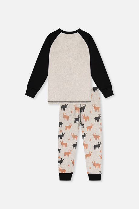 Back view of the oatmeal pajama top with black raglan sleeves laid flat above the orange and charcoal elk pants