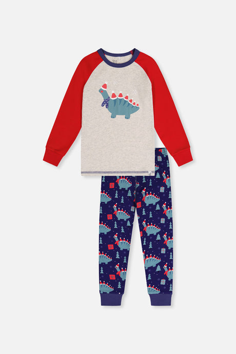 Blue dinosaur pajama set with a dinosaur in a scarf and Santa hats on the oatmeal top and red sleeves, front view laid flat