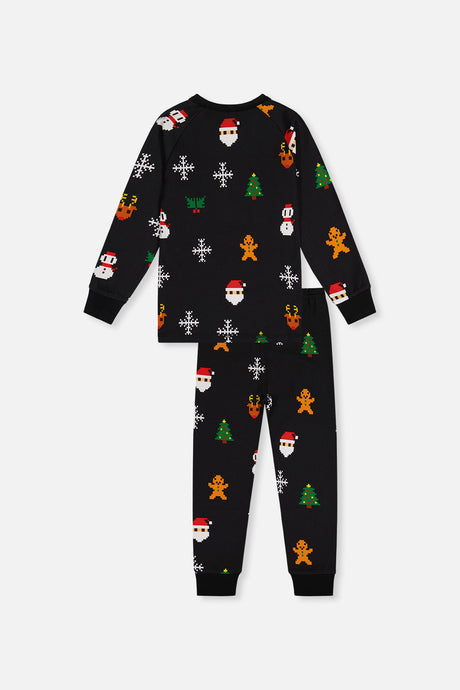 Back view of the black Christmas pixel print pajama set laid flat with Santa and reindeer motifs