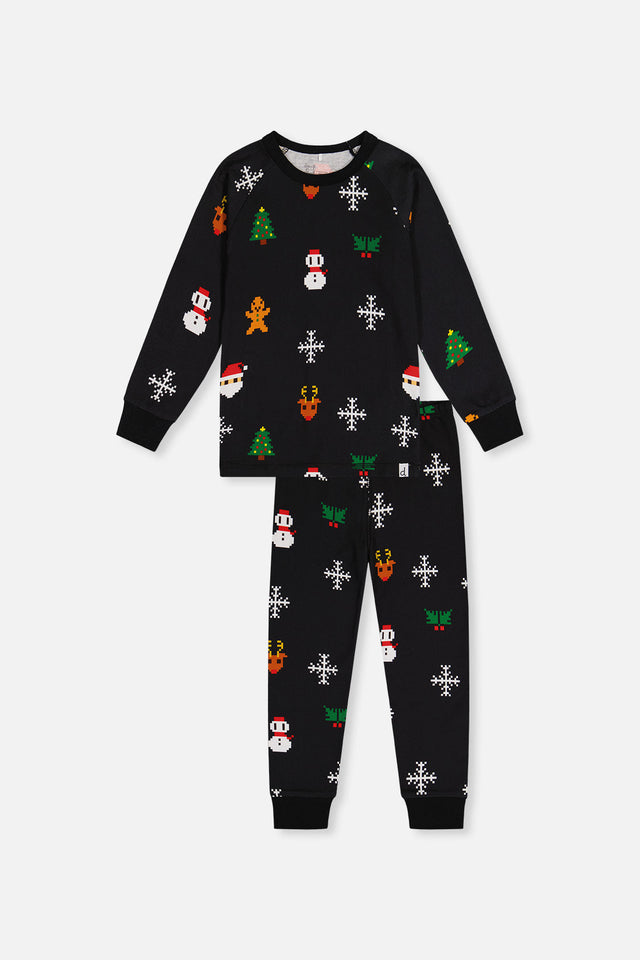 Organic Cotton Two Piece Pajama Set Black Christmas Pixel Print-0
