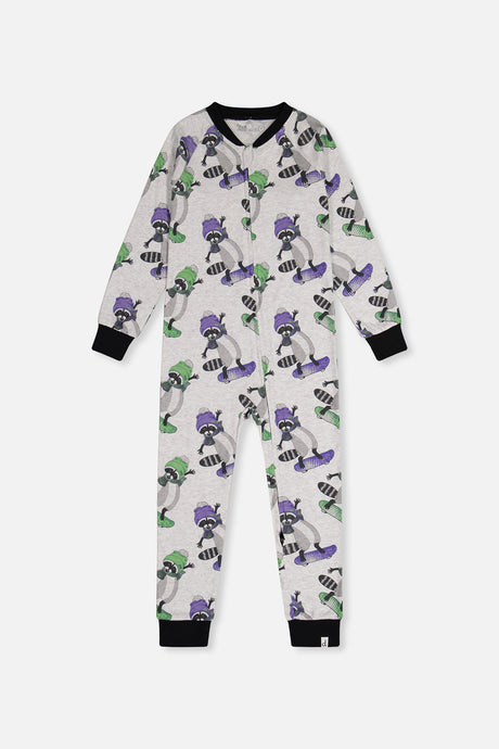 Beige raccoon print one-piece pajama with a black neckband and cuffs, front view laid flat