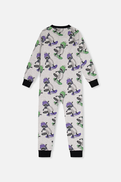 Back view of the beige one-piece pajama covered in raccoons on skateboards