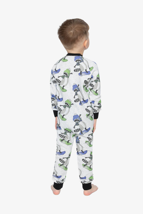 Child wearing the beige raccoon one piece pajama from behind