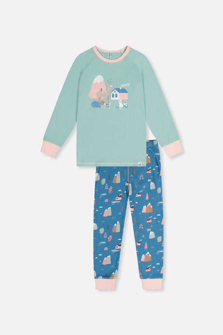 Blue house print pajama set with a mint top and a snowy village on the chest over blue pants, front view laid flat