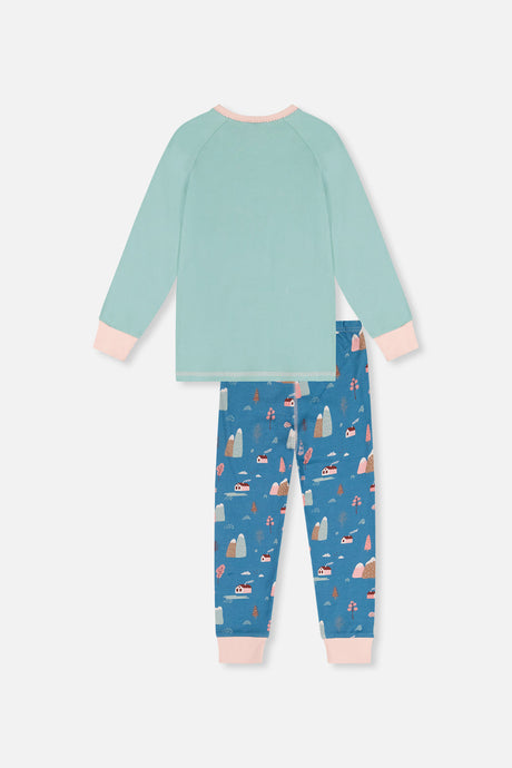 Back view of the plain mint pajama top with pale pink cuffs laid flat above the blue house print pants